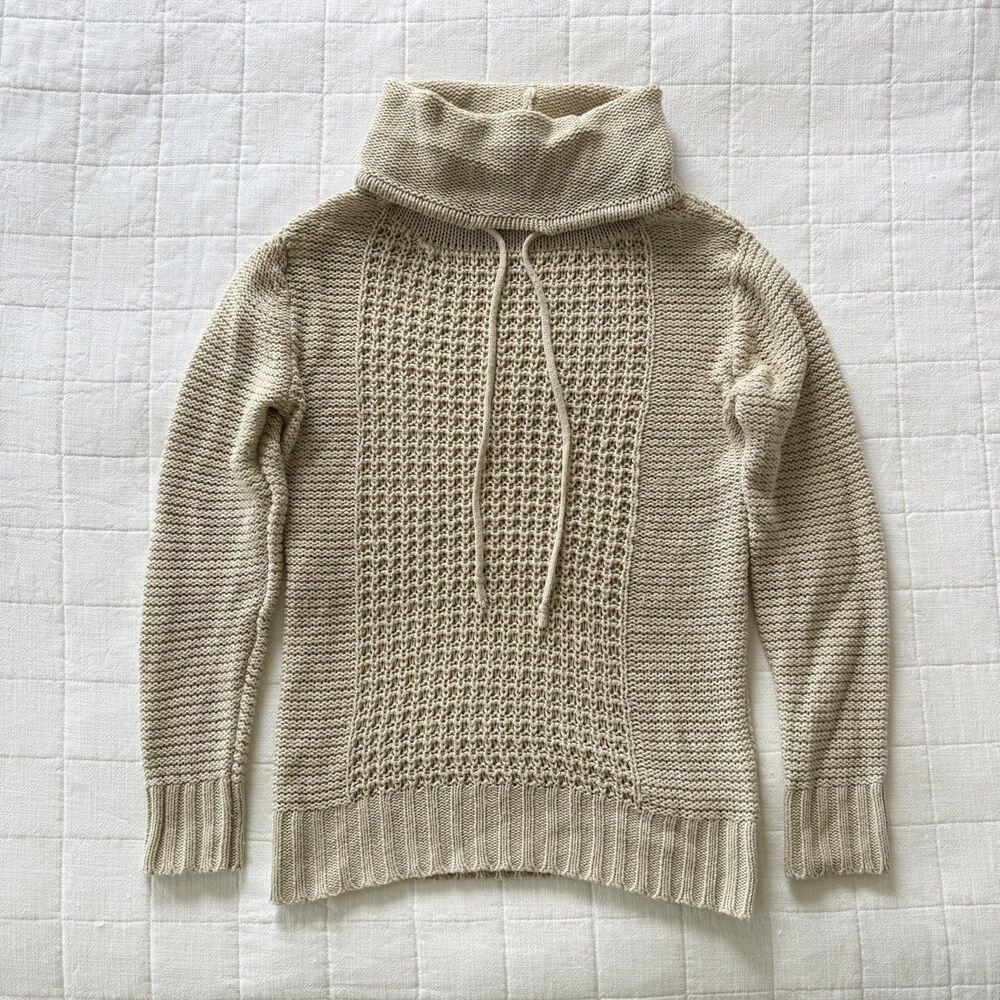 JJ Basics Women's Knit Pullover Sweater Cowl Neck Drawstring Beige Size S